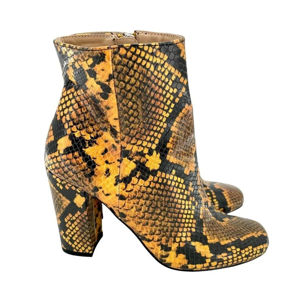Steve Madden Pixie Ankle Boots Orange Black Snake Print Block Heel SZ 6.5